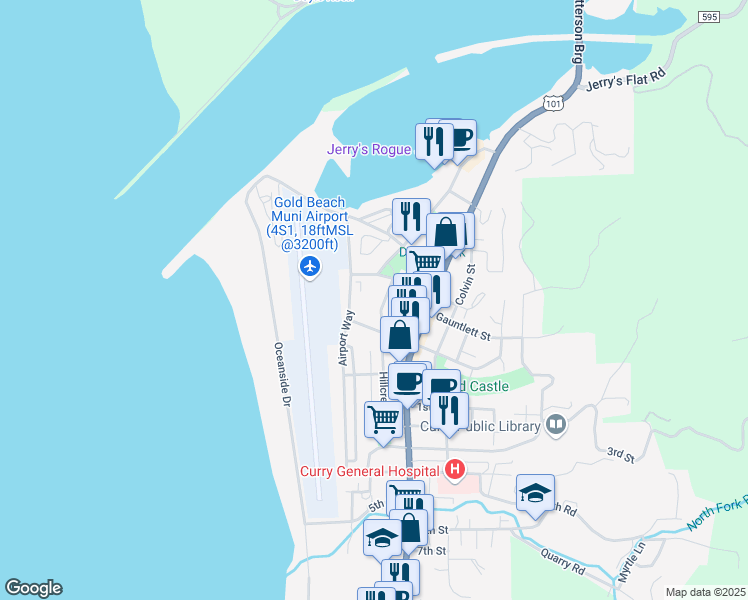 map of restaurants, bars, coffee shops, grocery stores, and more near 29830 Hillcrest Street in Gold Beach