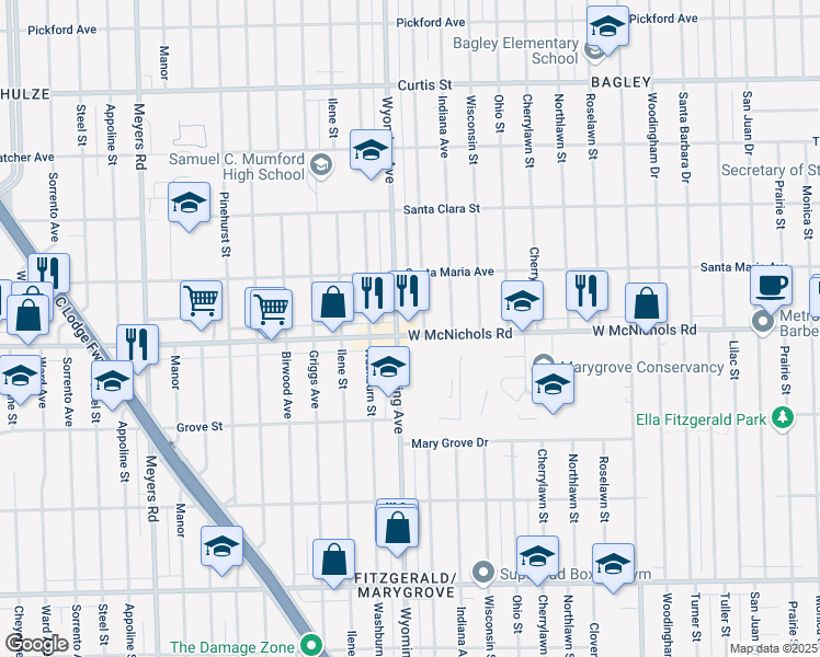 map of restaurants, bars, coffee shops, grocery stores, and more near 8930 West McNichols Road in Detroit