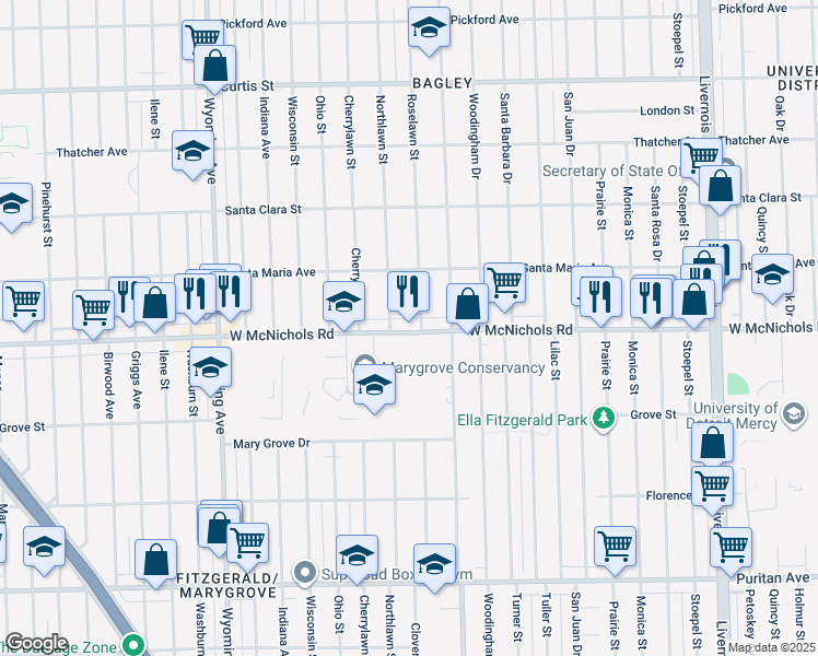 map of restaurants, bars, coffee shops, grocery stores, and more near 8224 West McNichols Road in Detroit