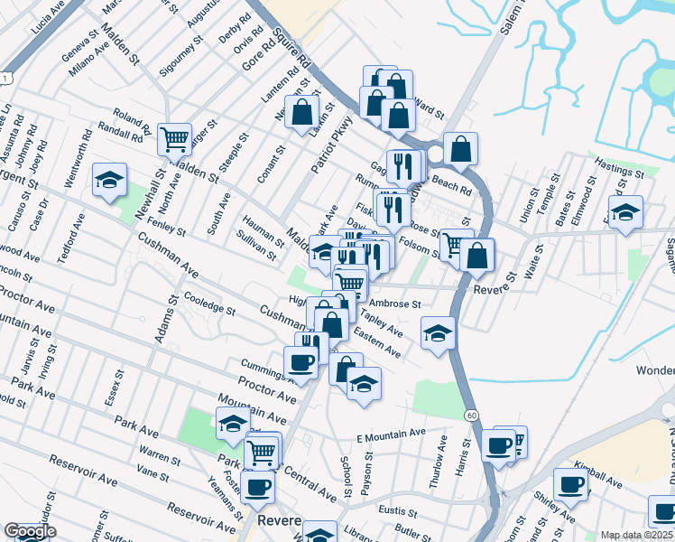 map of restaurants, bars, coffee shops, grocery stores, and more near 0 Revere Street in Revere