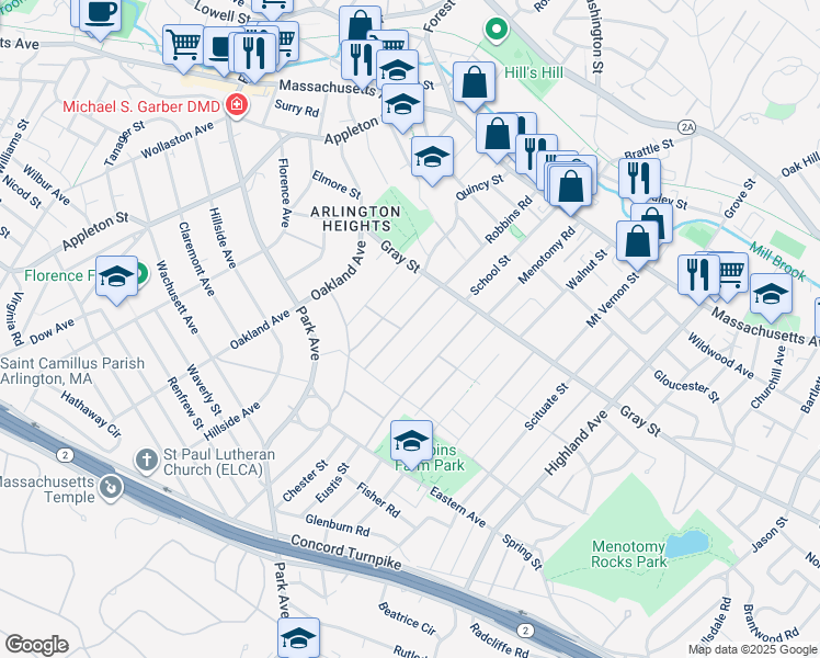 map of restaurants, bars, coffee shops, grocery stores, and more near 114 Robbins Road in Arlington