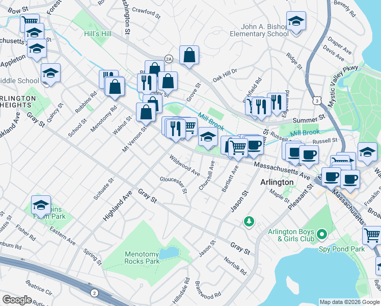 map of restaurants, bars, coffee shops, grocery stores, and more near 898 Massachusetts Avenue in Arlington