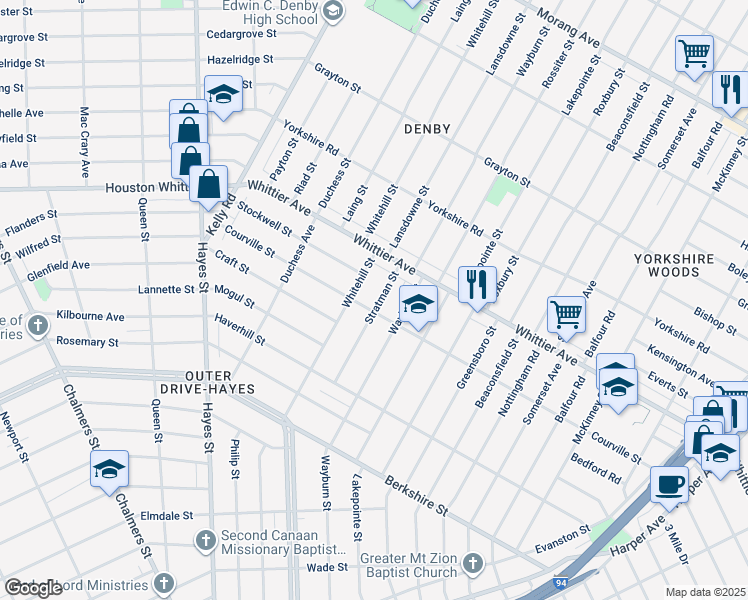 map of restaurants, bars, coffee shops, grocery stores, and more near 10815 Stratman Street in Detroit