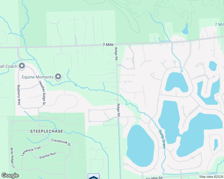 map of restaurants, bars, coffee shops, grocery stores, and more near 18485 Ridge Road in Northville