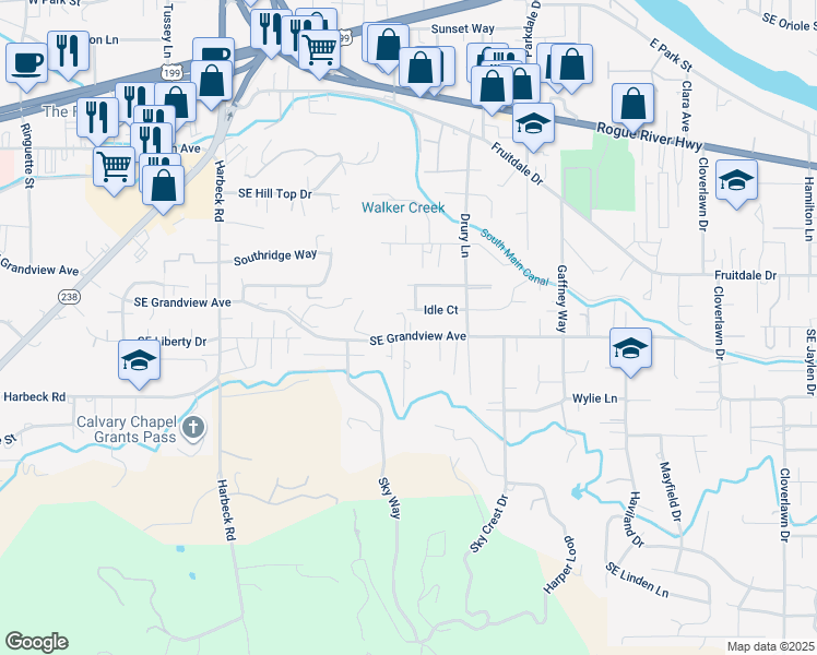 map of restaurants, bars, coffee shops, grocery stores, and more near 780 Southeast Grandview Avenue in Grants Pass