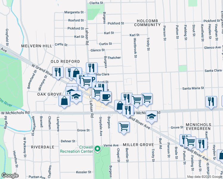 map of restaurants, bars, coffee shops, grocery stores, and more near 17270 Burgess in Detroit