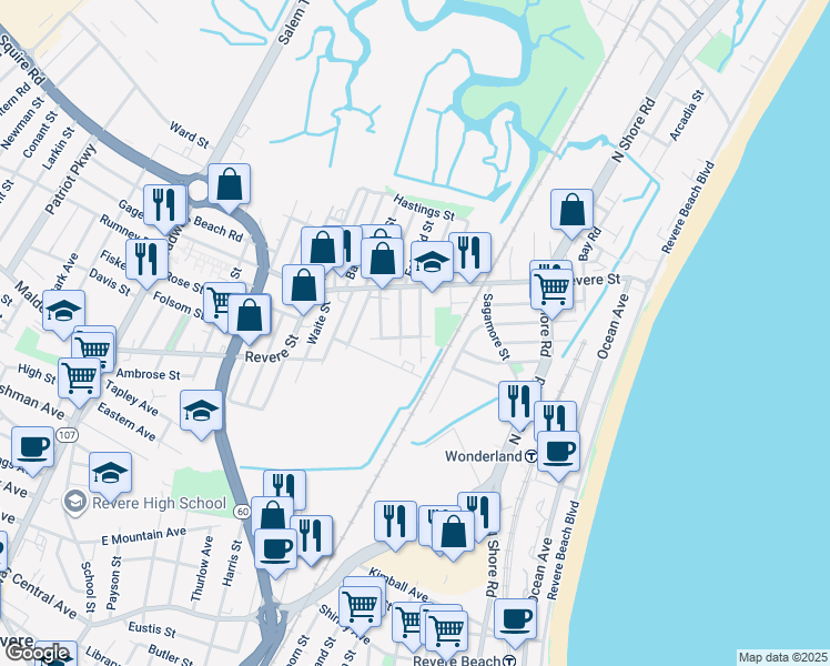 map of restaurants, bars, coffee shops, grocery stores, and more near 35 Washington Street in Revere
