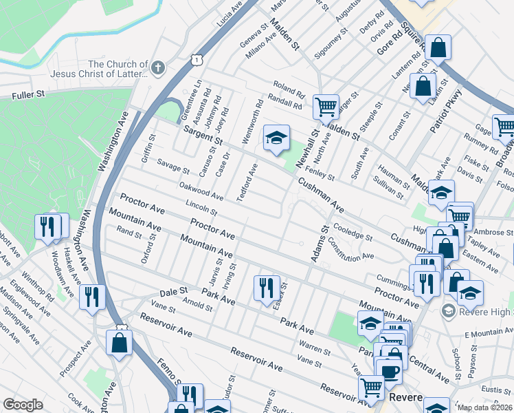 map of restaurants, bars, coffee shops, grocery stores, and more near 243 Oakwood Avenue in Revere