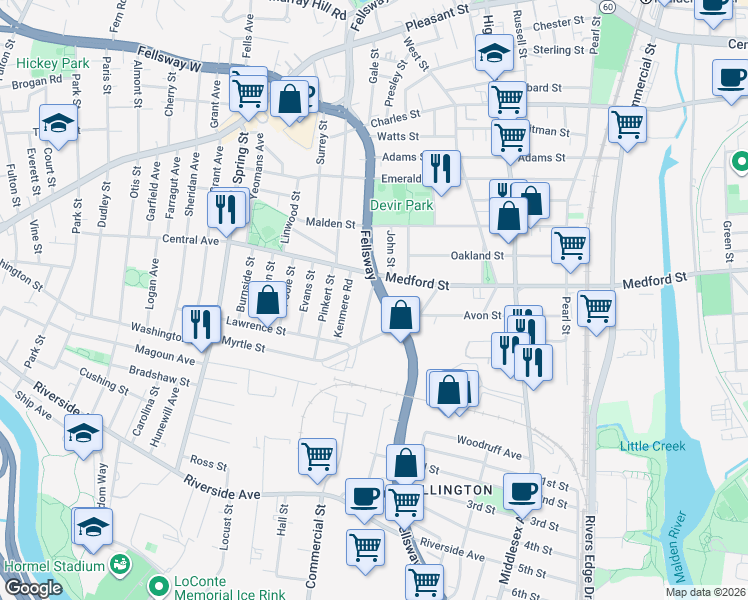 map of restaurants, bars, coffee shops, grocery stores, and more near 17a Amaranth Avenue in Medford