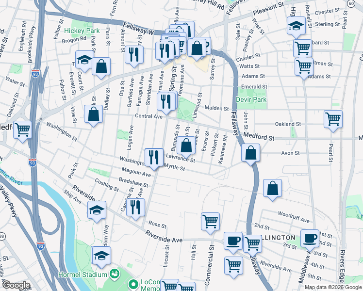 map of restaurants, bars, coffee shops, grocery stores, and more near 14 Chipman Street in Medford
