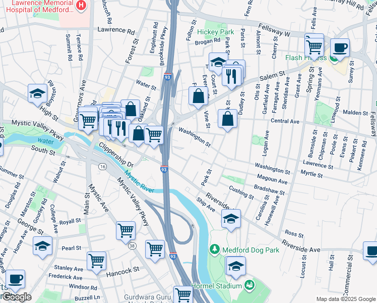 map of restaurants, bars, coffee shops, grocery stores, and more near 44 Pleasant Street in Medford