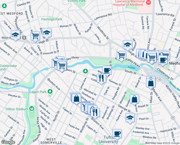 map of restaurants, bars, coffee shops, grocery stores, and more near 43 Winter Street in Medford
