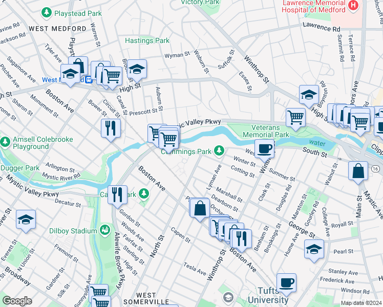map of restaurants, bars, coffee shops, grocery stores, and more near 3 North Street in Medford
