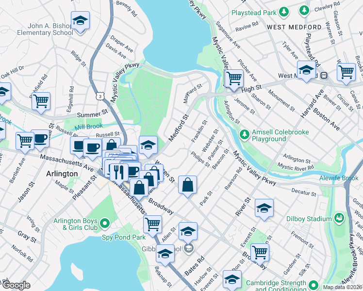 map of restaurants, bars, coffee shops, grocery stores, and more near 34 Lewis Avenue in Arlington