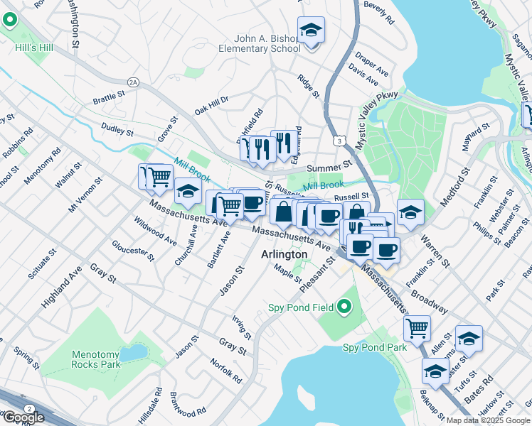 map of restaurants, bars, coffee shops, grocery stores, and more near 7 Bacon Street in Arlington