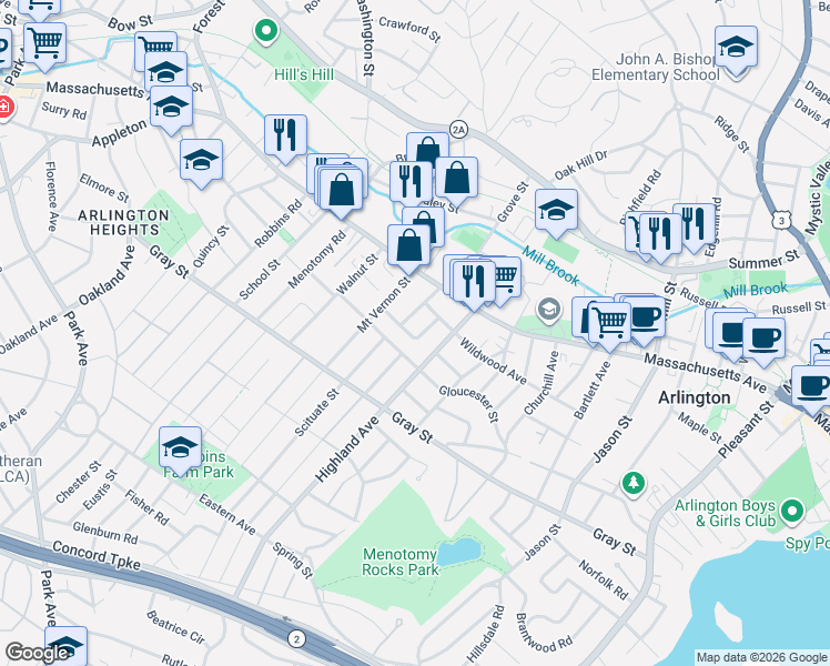 map of restaurants, bars, coffee shops, grocery stores, and more near 30 Moulton Road in Arlington