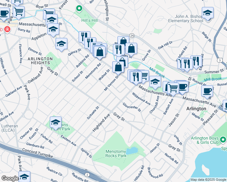 map of restaurants, bars, coffee shops, grocery stores, and more near 30 Moulton Road in Arlington