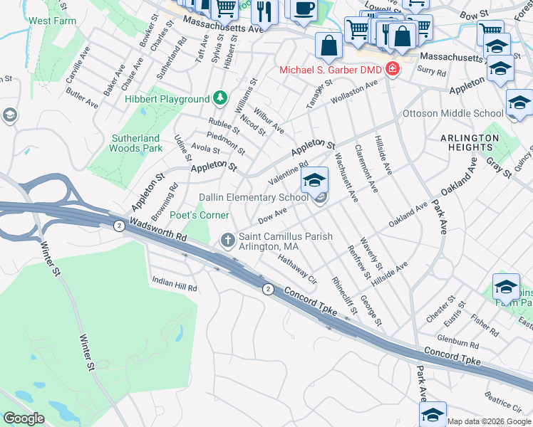map of restaurants, bars, coffee shops, grocery stores, and more near 34 Virginia Road in Arlington