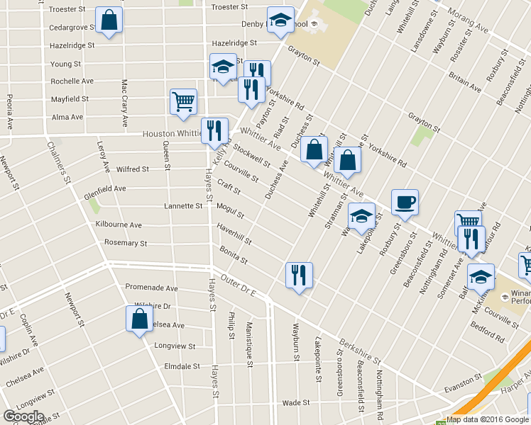 map of restaurants, bars, coffee shops, grocery stores, and more near 11000 Mogul Street in Detroit
