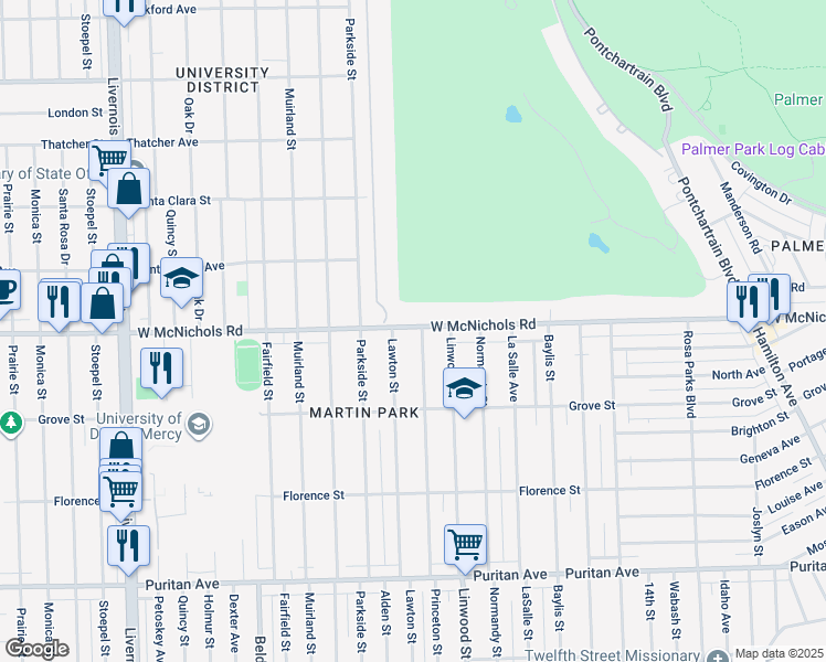 map of restaurants, bars, coffee shops, grocery stores, and more near 2721 West McNichols Road in Detroit