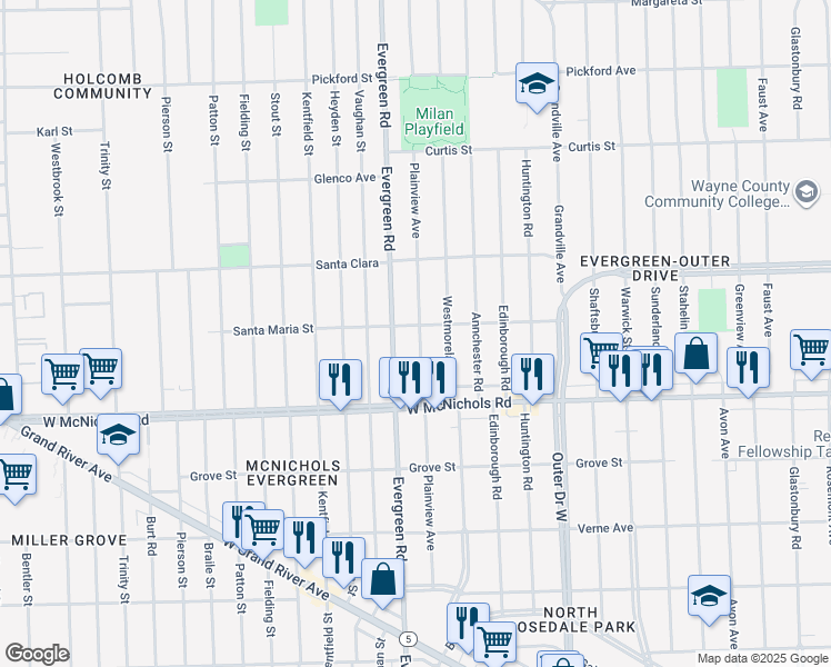 map of restaurants, bars, coffee shops, grocery stores, and more near 17224 Evergreen Road in Detroit