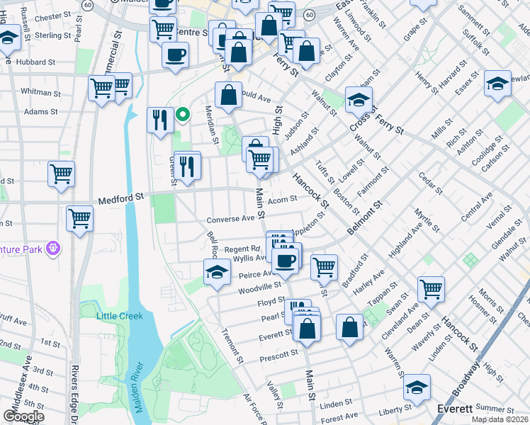 map of restaurants, bars, coffee shops, grocery stores, and more near 2 Converse Avenue in Malden