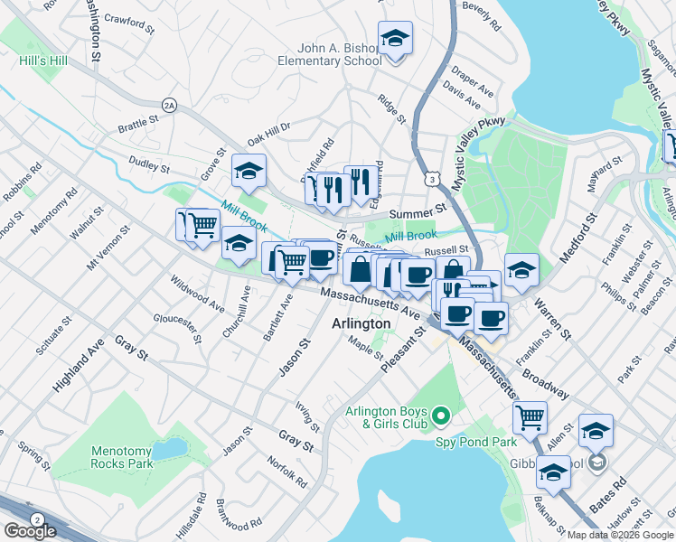 map of restaurants, bars, coffee shops, grocery stores, and more near 7 Bacon Street in Arlington
