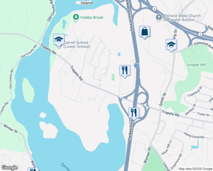 map of restaurants, bars, coffee shops, grocery stores, and more near 1661 Trapelo Road in Waltham