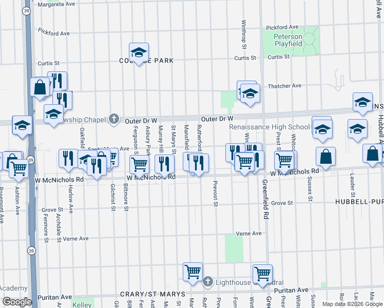 map of restaurants, bars, coffee shops, grocery stores, and more near 17171 Rutherford Street in Detroit