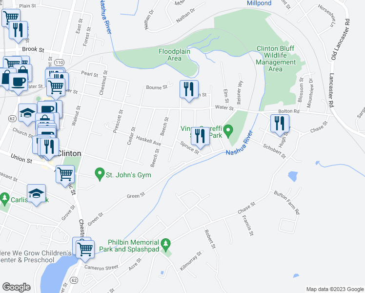 map of restaurants, bars, coffee shops, grocery stores, and more near 21 Spruce Street in Clinton