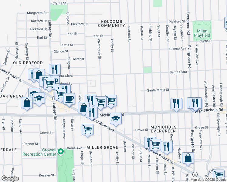 map of restaurants, bars, coffee shops, grocery stores, and more near 17246 Trinity Street in Detroit