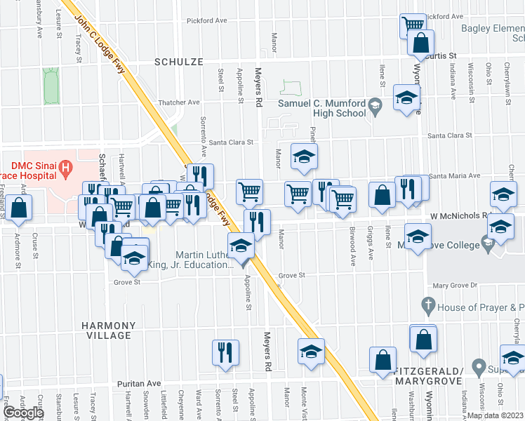 map of restaurants, bars, coffee shops, grocery stores, and more near 17160 Meyers Rd in Detroit