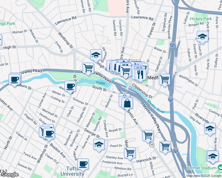 map of restaurants, bars, coffee shops, grocery stores, and more near 23 South Street in Medford