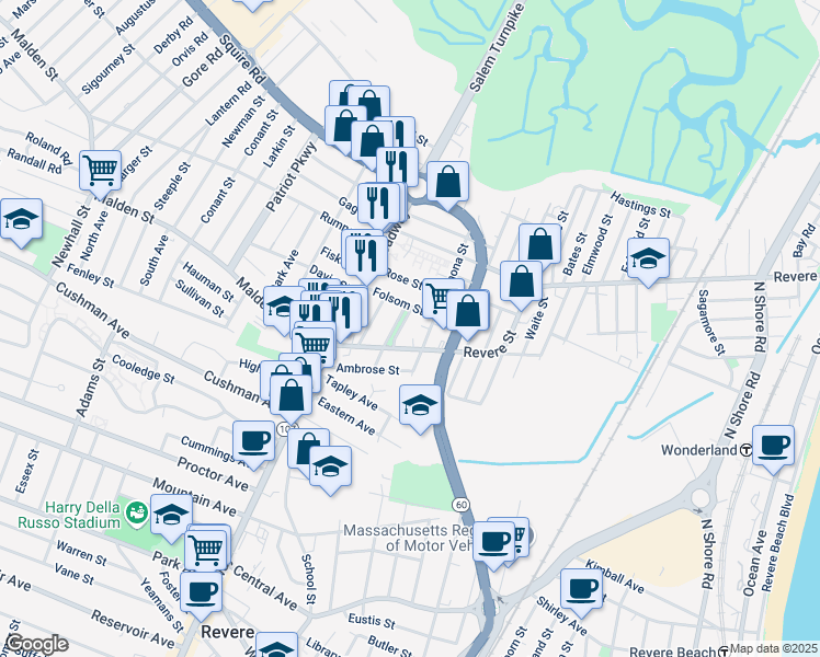 map of restaurants, bars, coffee shops, grocery stores, and more near 29 Oxford Park in Revere