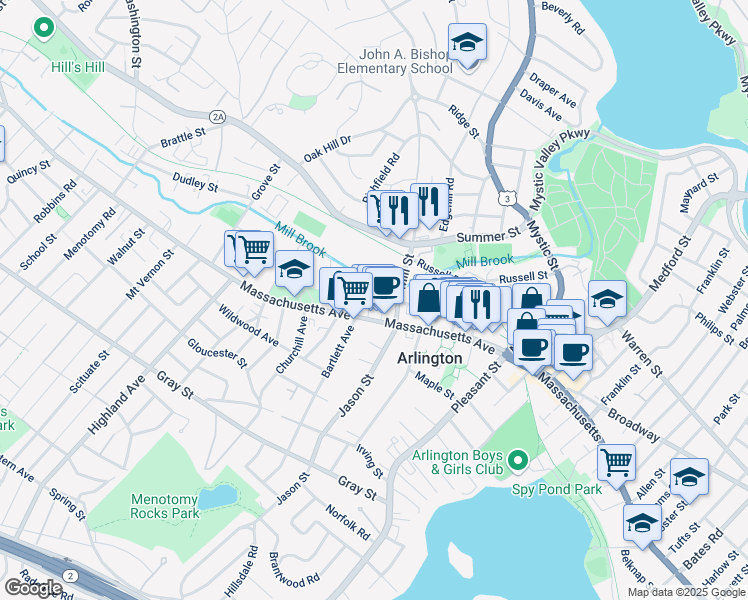 map of restaurants, bars, coffee shops, grocery stores, and more near 10 Willow Court in Arlington