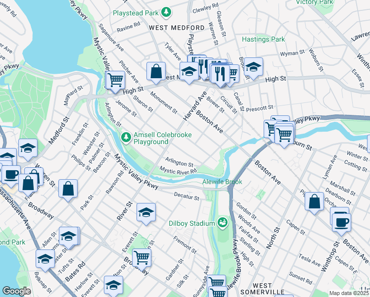 map of restaurants, bars, coffee shops, grocery stores, and more near 148 Jerome Street in Medford