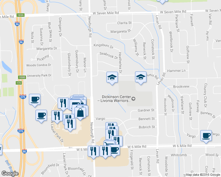 map of restaurants, bars, coffee shops, grocery stores, and more near 18000 Newburgh Road in Livonia