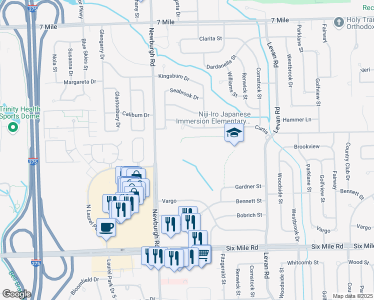 map of restaurants, bars, coffee shops, grocery stores, and more near 18000 Newburgh Road in Livonia