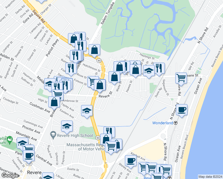 map of restaurants, bars, coffee shops, grocery stores, and more near 230 Revere Street in Revere