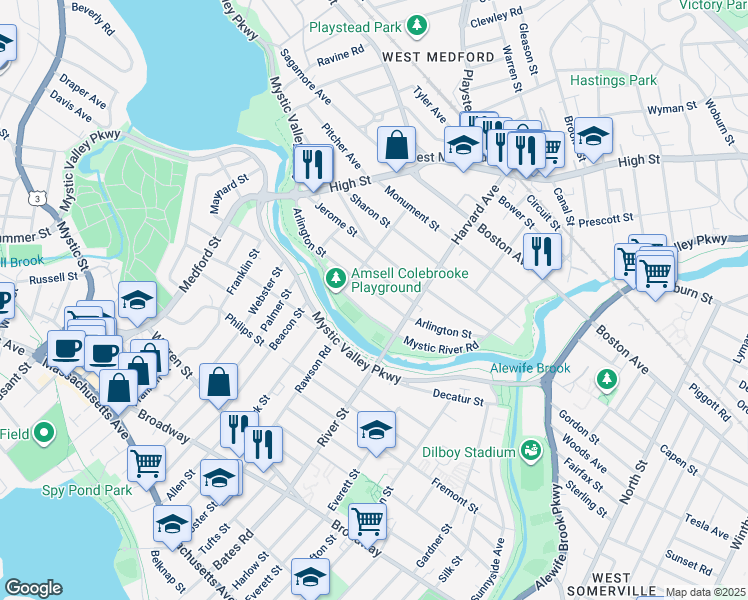 map of restaurants, bars, coffee shops, grocery stores, and more near 99 Arlington Street in Medford