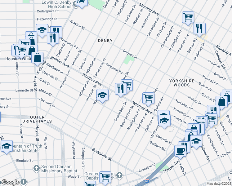 map of restaurants, bars, coffee shops, grocery stores, and more near Lakepointe St & Whittier St in Detroit
