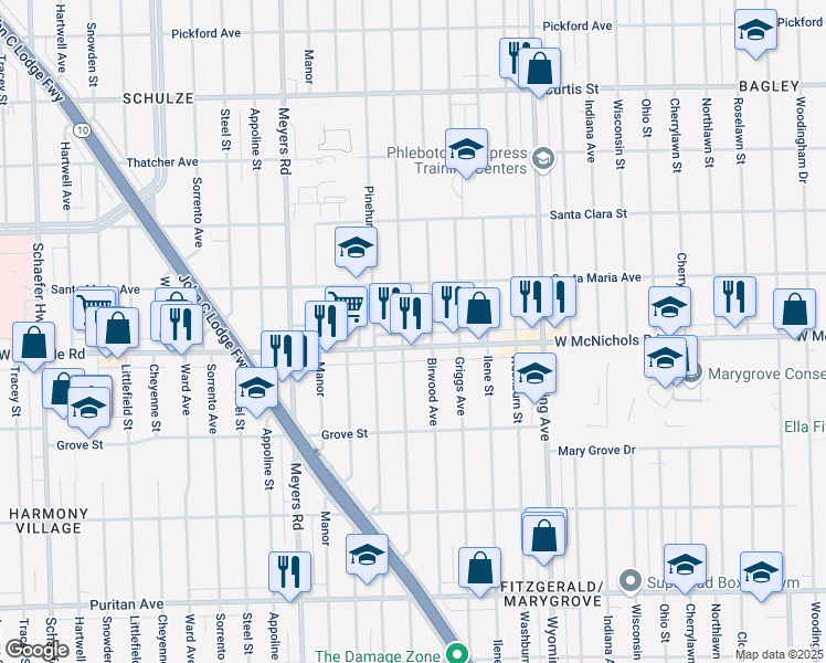 map of restaurants, bars, coffee shops, grocery stores, and more near 10500 West McNichols Road in Detroit