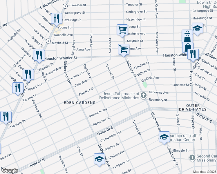 map of restaurants, bars, coffee shops, grocery stores, and more near 13388 Wilfred Street in Detroit