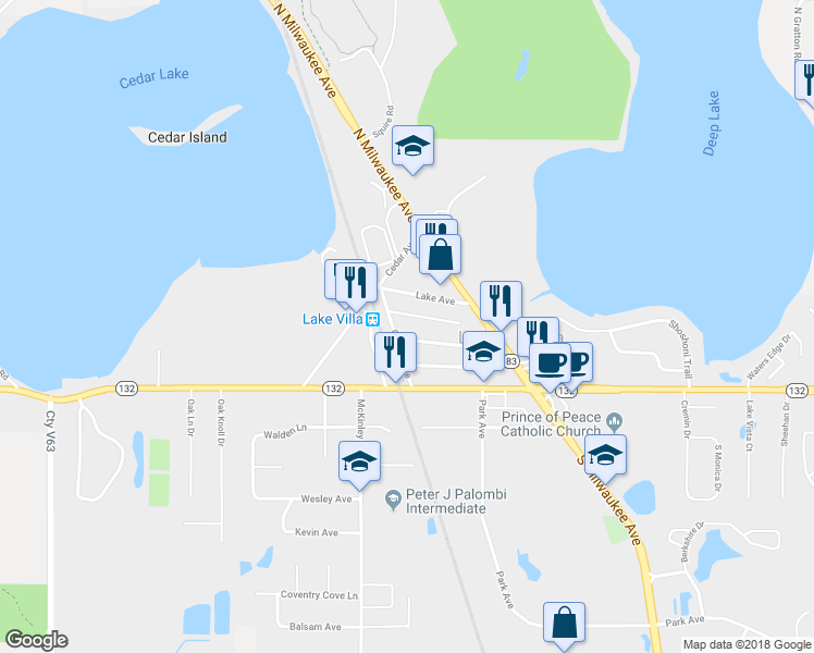 map of restaurants, bars, coffee shops, grocery stores, and more near 202 Villa Avenue in Lake Villa