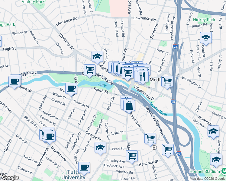 map of restaurants, bars, coffee shops, grocery stores, and more near 23 South Street in Medford