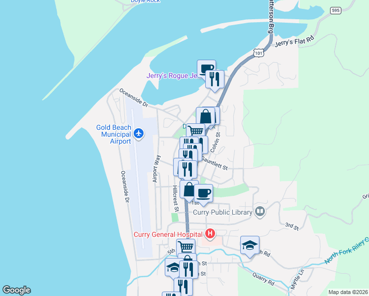 map of restaurants, bars, coffee shops, grocery stores, and more near 29832 Mary Street in Gold Beach
