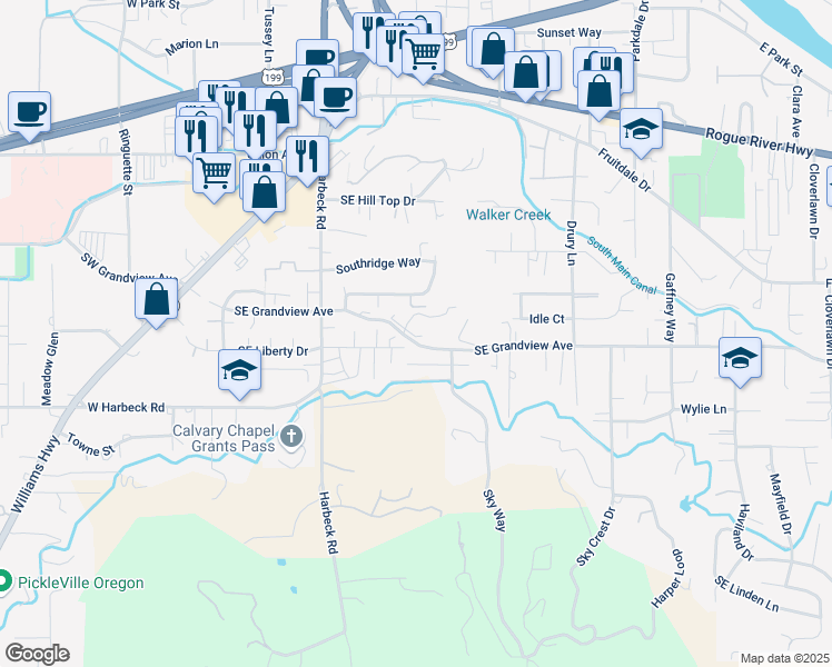 map of restaurants, bars, coffee shops, grocery stores, and more near 420 Grandview Avenue in Grants Pass