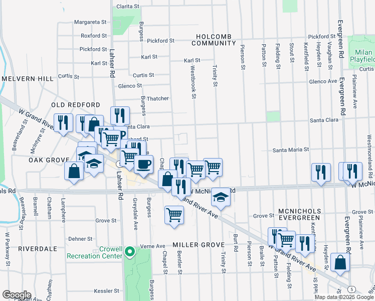 map of restaurants, bars, coffee shops, grocery stores, and more near 17282 Bentler Street in Detroit