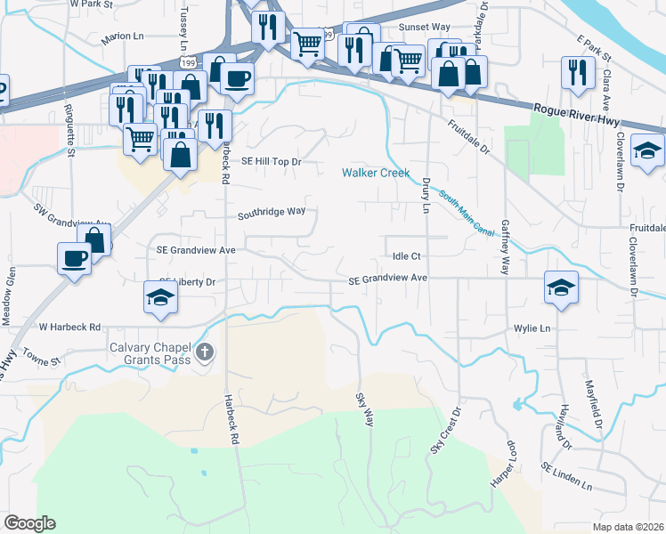 map of restaurants, bars, coffee shops, grocery stores, and more near 568 Southeast Grandview Avenue in Grants Pass