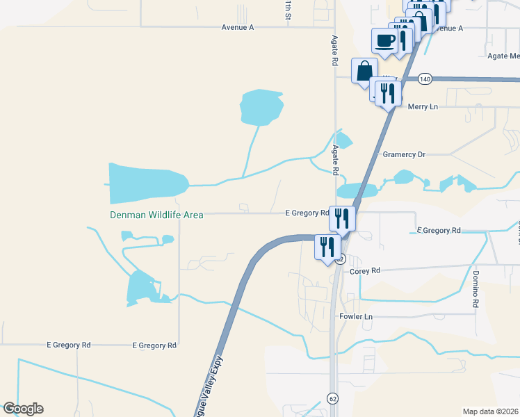 map of restaurants, bars, coffee shops, grocery stores, and more near 1729 East Gregory Road in Central Point